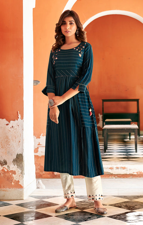Eye-catching Navy Blue Designer Kurti with Pant For Ethnic Wear (K242) - PAAIE