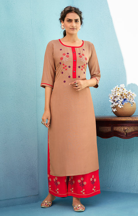 Magnificent Brown Reyon Kurti With Plazzo For Casual and Ethnic Wear (K136) - PAAIE