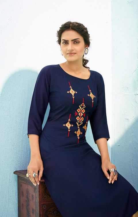 Marvellous Navy Blue Reyon Kurti With Plazzo For Casual and Ethnic Wear (K137) - PAAIE