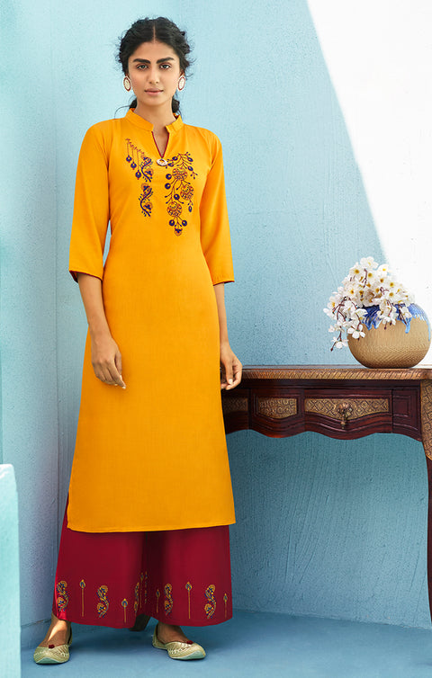 Vibrant Yellow Reyon Kurti With Plazzo For Casual and Ethnic Wear (K139) - PAAIE