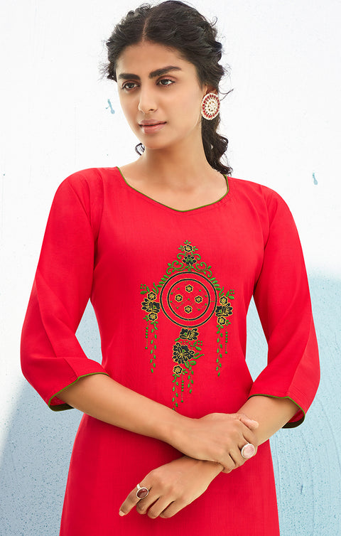 Exceptional Red Reyon Kurti With Plazzo For Casual and Ethnic Wear (K141) - PAAIE