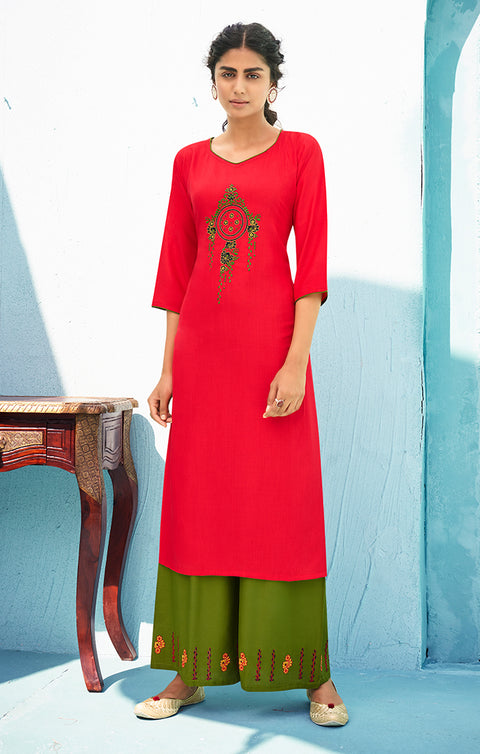 Exceptional Red Reyon Kurti With Plazzo For Casual and Ethnic Wear (K141) - PAAIE