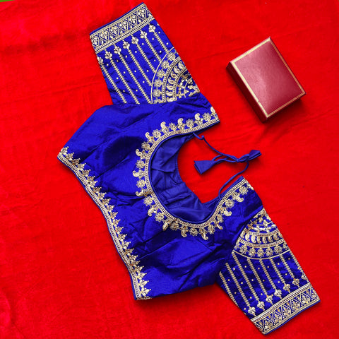 Designer Dark Blue Silk Embroidered Blouse For Wedding & Party Wear (Design 1246)