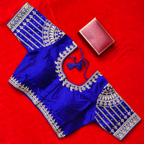 Designer Dark Blue Silk Embroidered Blouse For Wedding & Party Wear (Design 1246)