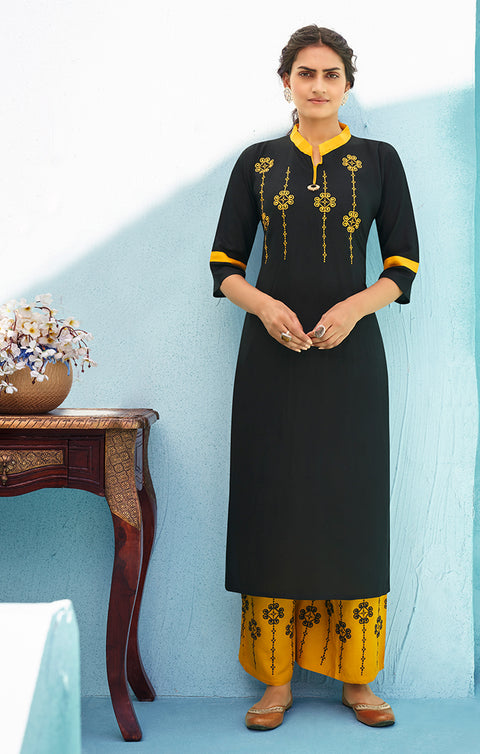 Striking Black Reyon Kurti With Plazzo For Casual and Ethnic Wear (K142) - PAAIE
