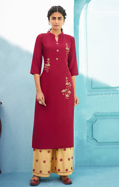 Gorgeous Wine Reyon Kurti With Plazzo For Casual and Ethnic Wear (K143) - PAAIE