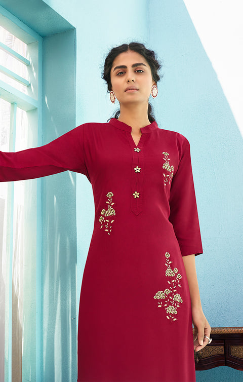 Gorgeous Wine Reyon Kurti With Plazzo For Casual and Ethnic Wear (K143) - PAAIE