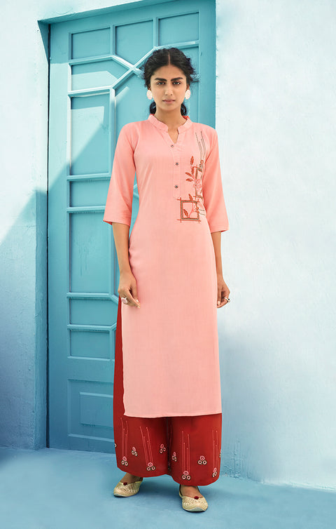 Premium Light Red Reyon Kurti With Plazzo For Casual and Ethnic Wear (K144) - PAAIE