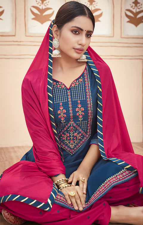 Premium Blue Cotton Silk Patiala Salwar and Fancy Dupatta For Ethnic Wear (K162) - PAAIE