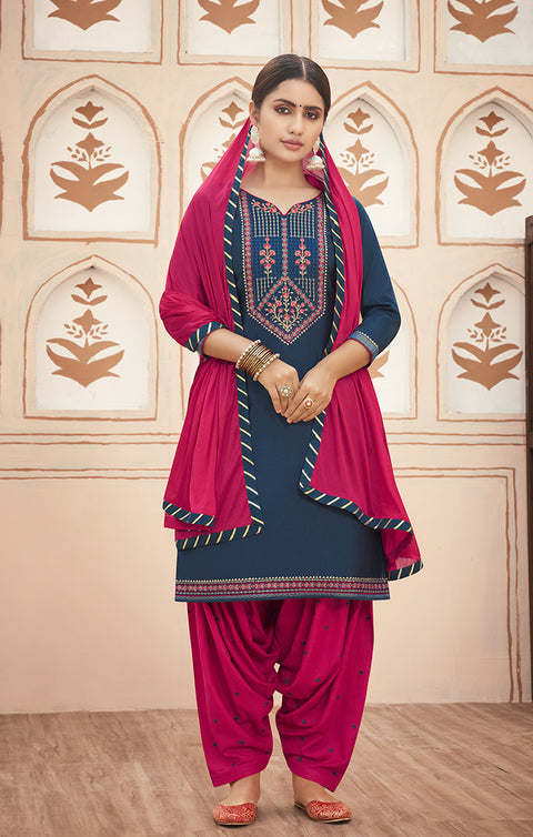 Premium Blue Cotton Silk Patiala Salwar and Fancy Dupatta For Ethnic Wear (K162) - PAAIE