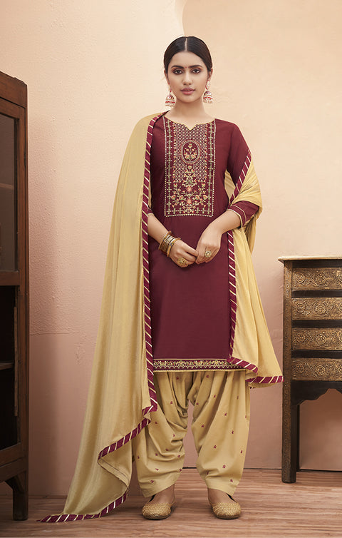 Preferable Mahroon Cotton Silk Patiala Salwar and Fancy Dupatta For Ethnic Wear (K167) - PAAIE