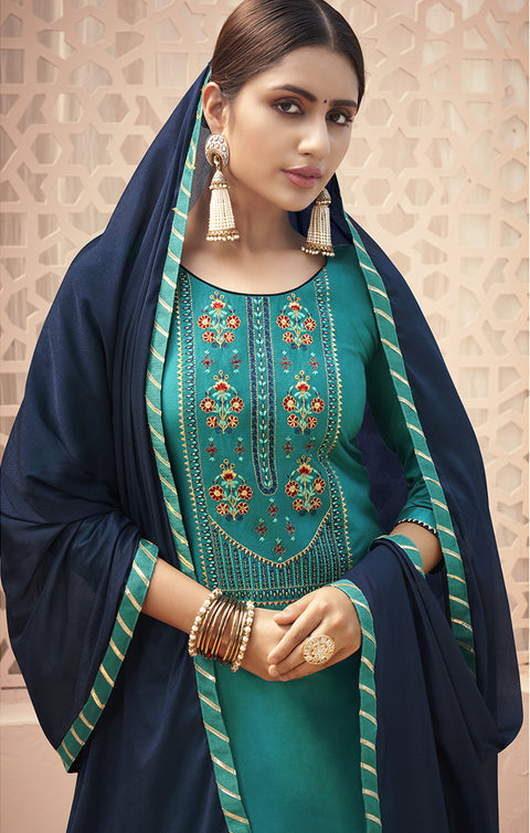 Unique Teal Cotton Silk Patiala Salwar and Fancy Dupatta For Ethnic Wear (K170) - PAAIE