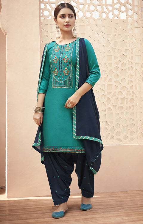 Unique Teal Cotton Silk Patiala Salwar and Fancy Dupatta For Ethnic Wear (K170) - PAAIE