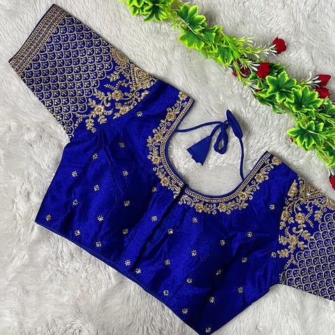 Designer Dark Blue Color Silk Embroidered Blouse For Wedding & Party Wear (Design 1287)