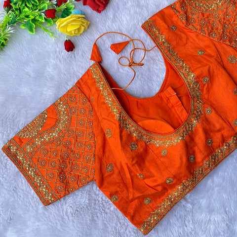 Designer Dark Orange Color Silk Embroidered Blouse For Wedding & Party Wear (Design 1290)
