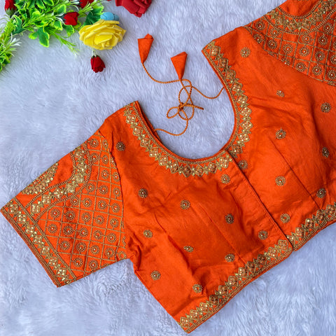 Designer Dark Orange Color Silk Embroidered Blouse For Wedding & Party Wear (Design 1290)