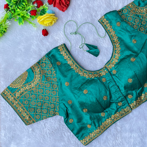 Designer Teal Green Color Silk Embroidered Blouse For Wedding & Party Wear (Design 1291)