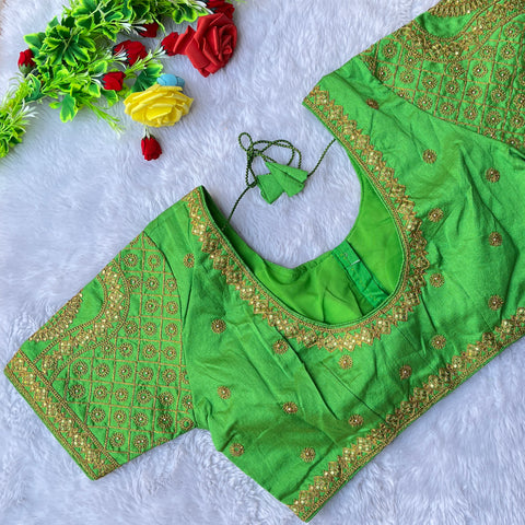 Designer Parrot Green Color Silk Embroidered Blouse For Wedding & Party Wear (Design 1298)