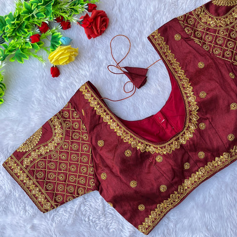 Designer Brown Color Silk Embroidered Blouse For Wedding & Party Wear (Design 1299)