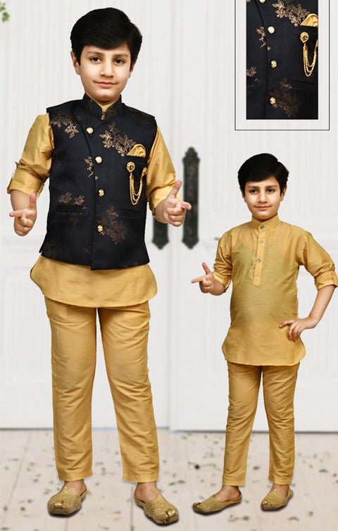 Boys' Sherwani & Pant in Golden/Black Color for Party Wear