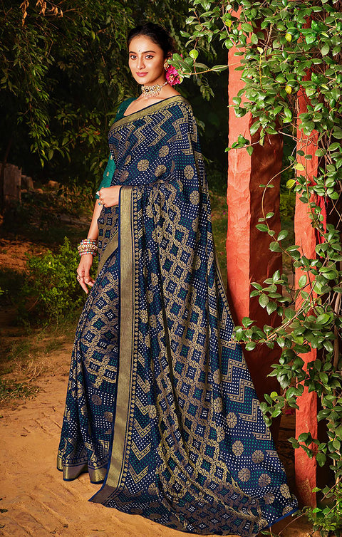 Designer Blue/Golden Brasso Printed Saree for Casual Wear (D443)