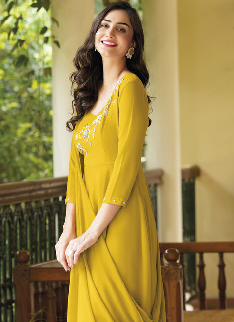 Designer Party Wear Gown Mustard Yellow Color Hand Work In Georgette (K790)