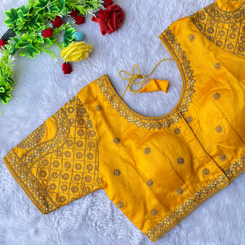 Designer Yellow Color Silk Embroidered Blouse For Wedding & Party Wear (Design 1300)