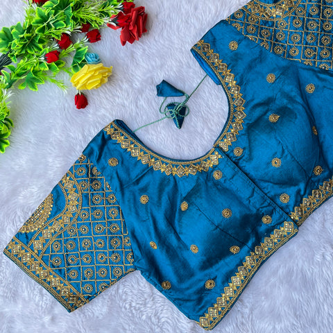 Designer Blue Color Silk Embroidered Blouse For Wedding & Party Wear (Design 1302)