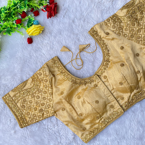 Designer Golden Color Silk Embroidered Blouse For Wedding & Party Wear (Design 1303)