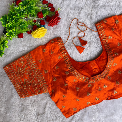 Designer Dark Orange Color Silk Embroidered Blouse For Wedding & Party Wear (Design 1309)