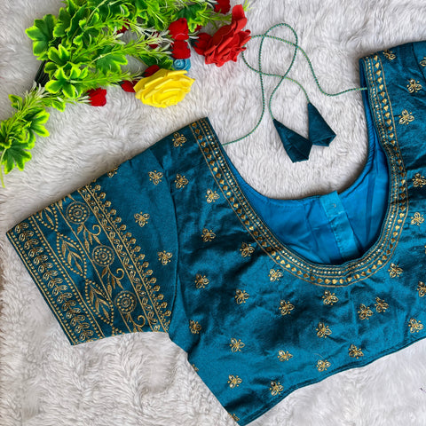Designer Teal Blue Color Silk Embroidered Blouse For Wedding & Party Wear (Design 1313)