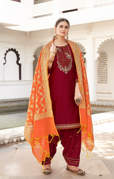 Designer Mahroon Color Suit with Patiala & Dupatta in Jam Silk (K594)
