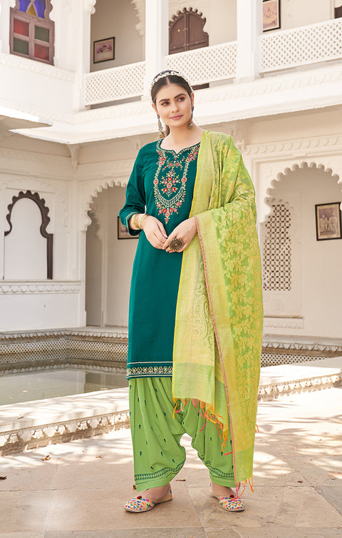 Designer Green Color Suit with Patiala & Dupatta in Jam Silk (K595)