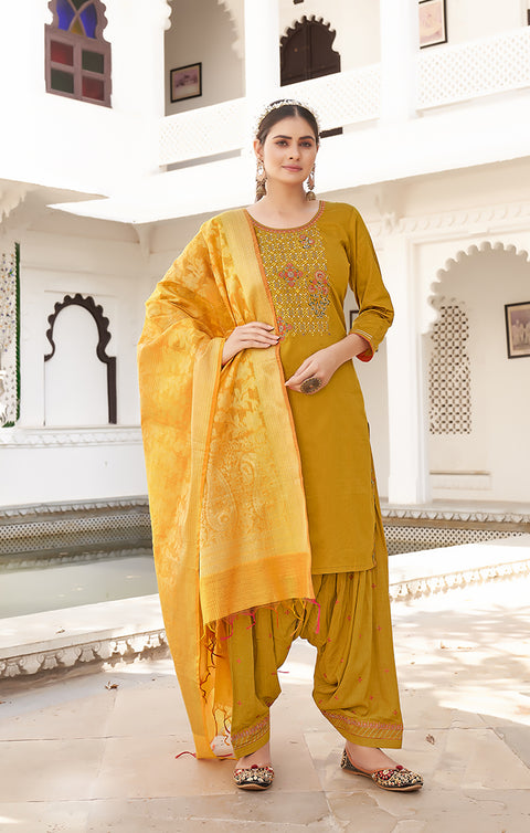 Designer Mustered Yellow Color Suit with Patiala & Dupatta in Jam Silk (K596)