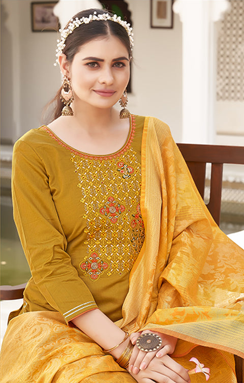 Designer Mustered Yellow Color Suit with Patiala & Dupatta in Jam Silk (K596)