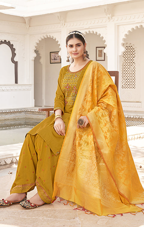Designer Mustered Yellow Color Suit with Patiala & Dupatta in Jam Silk (K596)