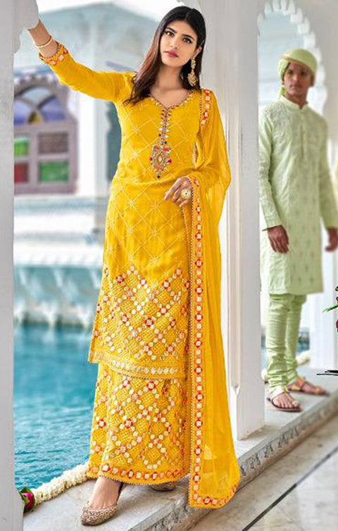 Designer Yellow Color Suit with Sharara & Dupatta in Georgette (K564)