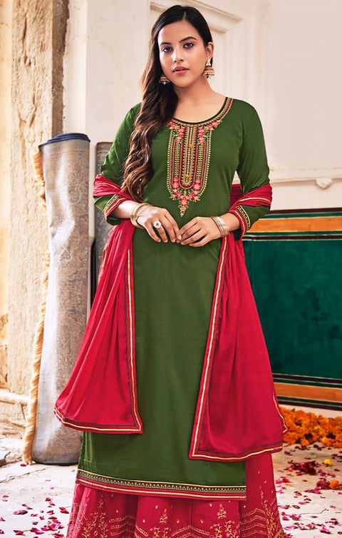 Olive Green Color Designer Suit with Dupatta in Modern Style in Jam Silk (K756)