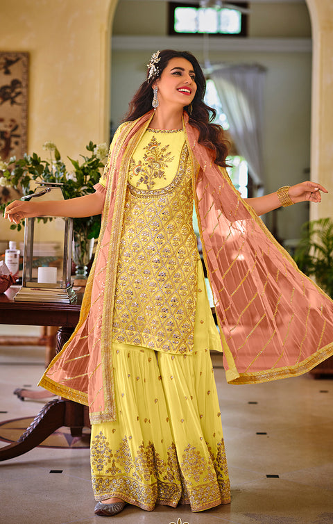 Designer Yellow Color Suit with Sharara & Dupatta in Georgette (K580)