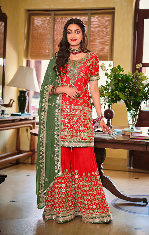 Designer Red Color Suit with Sharara & Dupatta in Georgette (K567)