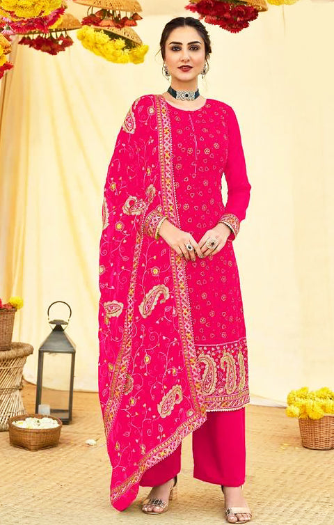 Designer Pink Color Suit with Pant & Dupatta in Foux Balooming (K716)