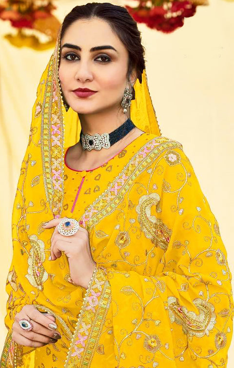 Designer Yellow Color Suit with Pant & Dupatta in Foux Balooming (K718)