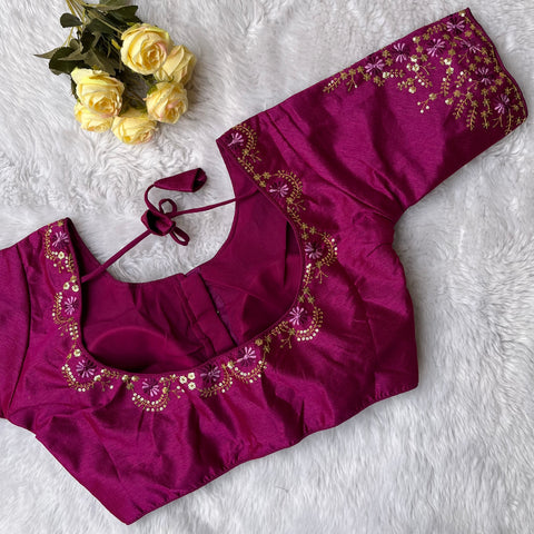 Designer Magenta Color Silk Embroidered Blouse For Wedding & Party Wear (Design 1395)