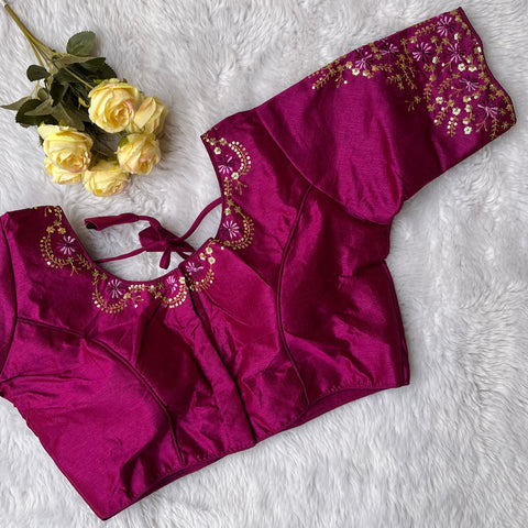 Designer Magenta Color Silk Embroidered Blouse For Wedding & Party Wear (Design 1395)