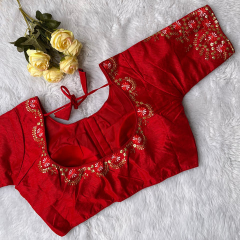 Designer Red Color Silk Embroidered Blouse For Wedding & Party Wear (Design 1396)