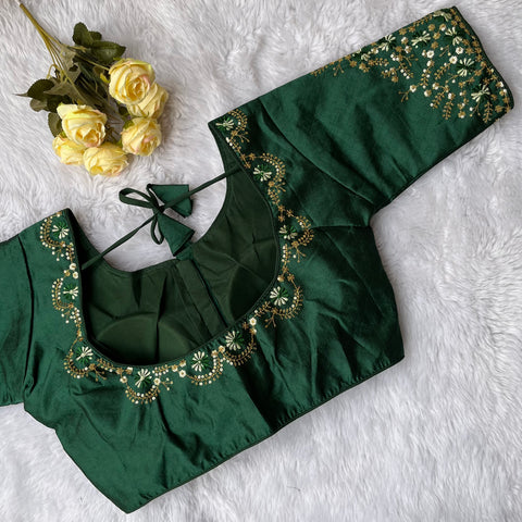 Designer Mehandi Green Color Silk Embroidered Blouse For Wedding & Party Wear (Design 1397)