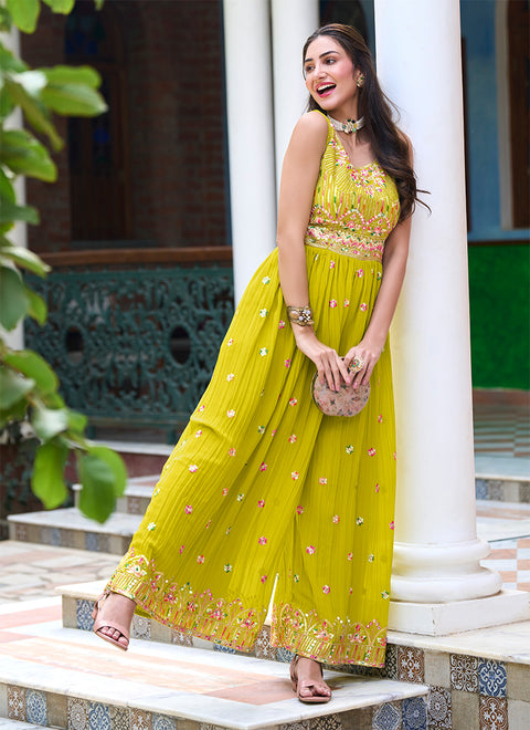 Georgette Fabric Lemon Yellow Color Function Wear Soothing Jump Suit (K802)