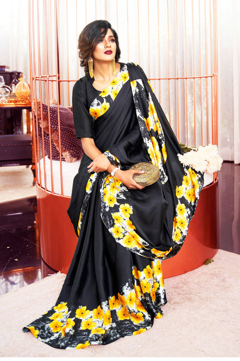 Black Crepe Saree with Yellow Flowers - PAAIE