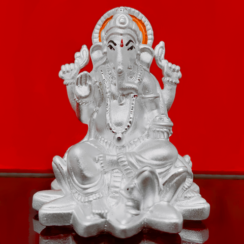 999 Pure Silver Ganesha Idol with Orange Headrest in Rectangular Base - PAAIE