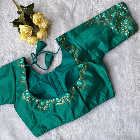 Designer Peacock Green Color Silk Embroidered Blouse For Wedding & Party Wear (Design 1400)